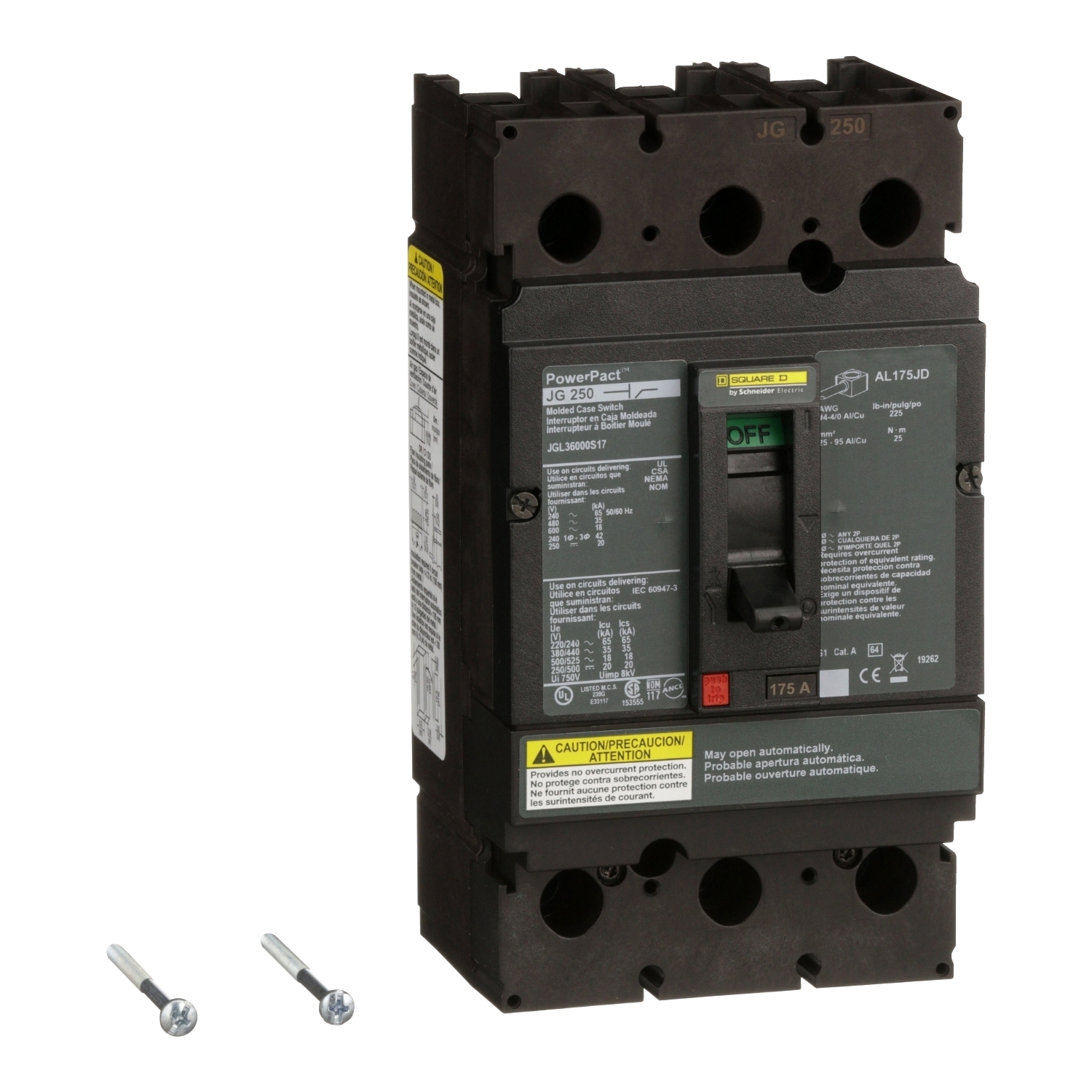 Automatic switch, PowerPacT J, 175A, 3 pole, 600VAC, 18kA, lugs, magnetic