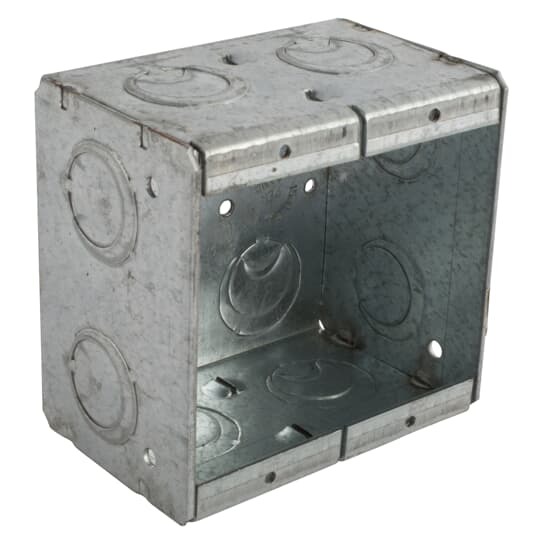 Two Gang Shallow Masonry Box, 33 Cubic Inches, 3-3/4 Inches Long x 3-3/4 Inches Wide x 2-1/2 Inches Deep, 1/2 Inch and 3/4 Inch Concentric Knockouts, Galvanized Steel, Welded Construction, For use with Conduit