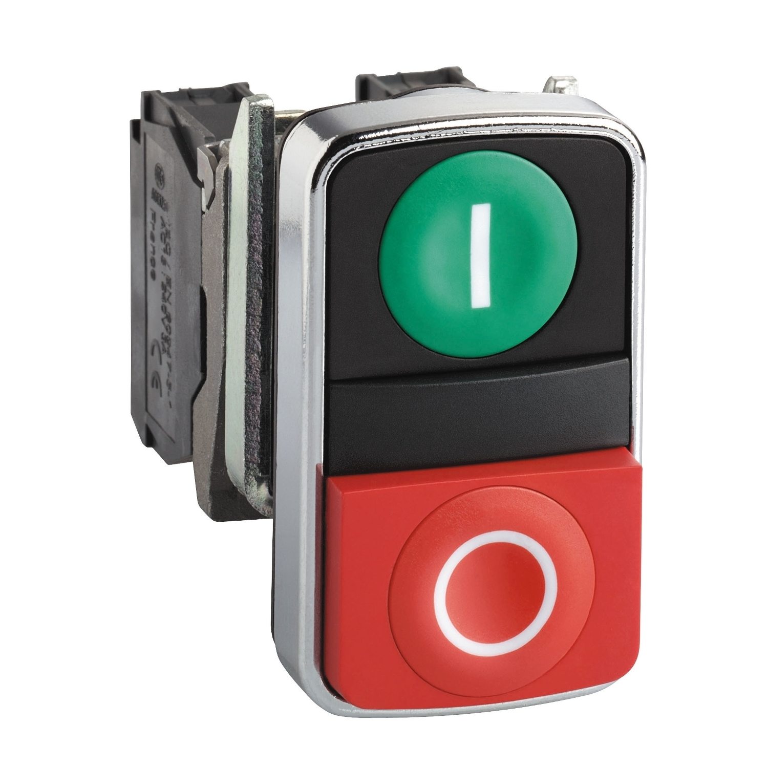 Double headed push button, Harmony XB4, metal, 22mm, 1 green flush marked I + 1 red projecting marked O, 1NO+1NC