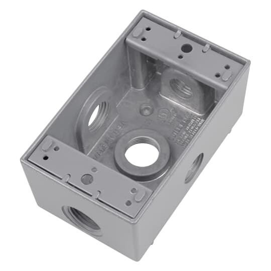Single Gang Universal Weatherproof Box, 17.3 Cubic Inches, Hub Size 3/4 Inch, Silver, Aluminum, 5 Outlets (2-Sides) with 1 on Top, Bottom, Both Sides, and Back
