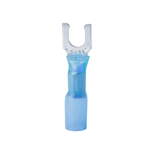 Heat Shrinkable Locking Fork Terminal, Length 1.350 Inches, Width .25 Inches, Maximum Insulation .200, Bolt Hole #8, Wire Range #16-#14 AWG, Color Blue, Copper, Tin Plated
