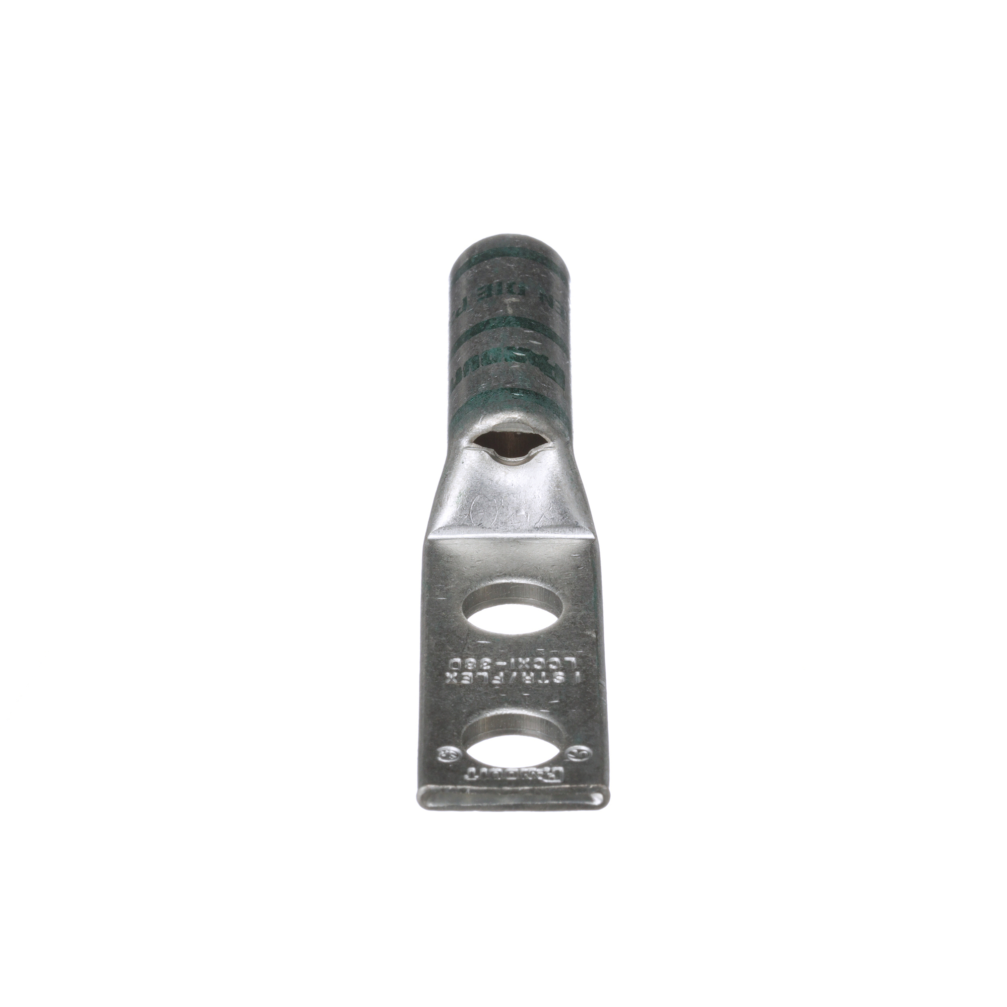 Two-hole, flex lug, long barrel, #1 AWG wire,  3/8 stud hole, 1 hole spacing.