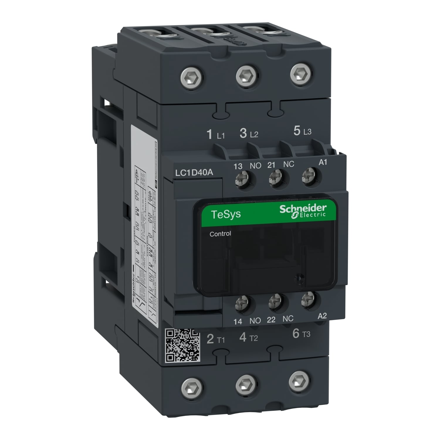 IEC contactor, TeSys Deca, nonreversing, 40A, 30HP at 480VAC, up to 100kA SCCR, 3 phase, 3 NO, 24VAC 60Hz coil, open style