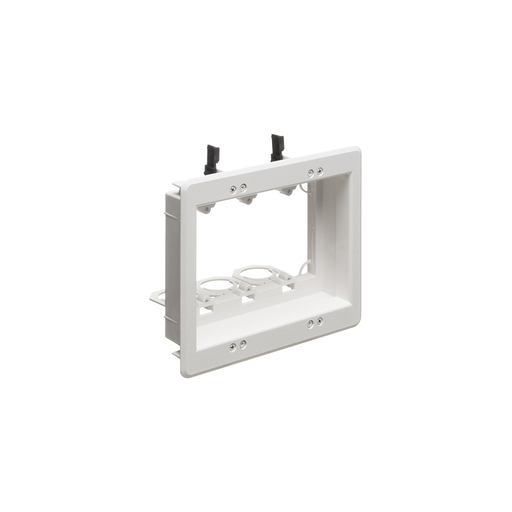 Recessed low voltage mounting bracket for old or new construction. Designed to install low voltage class 2 wiring only. White Paintable. Three Gang.
