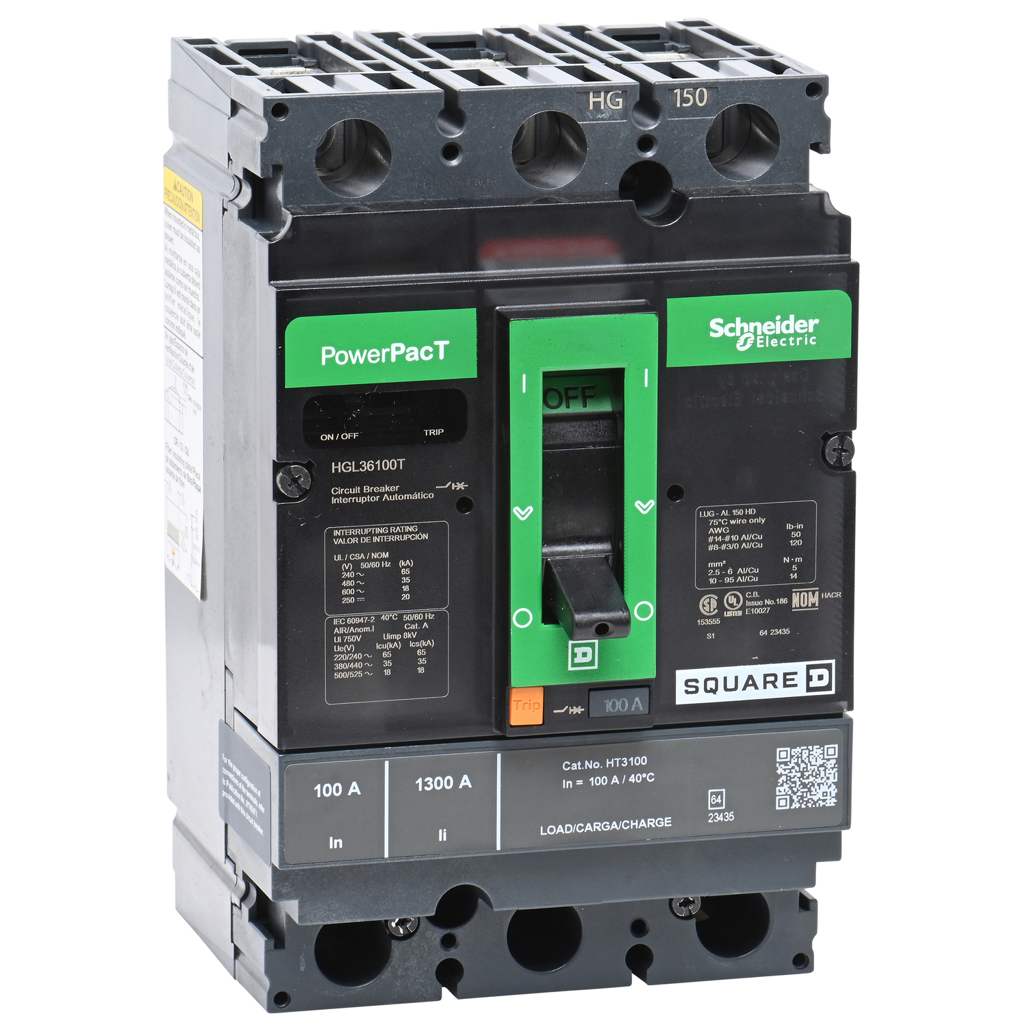 Circuit breaker, PowerPacT H, 100A, 3 pole, 600VAC, 18kA, lugs, thermal magnetic, 80%, interchangeable trip unit