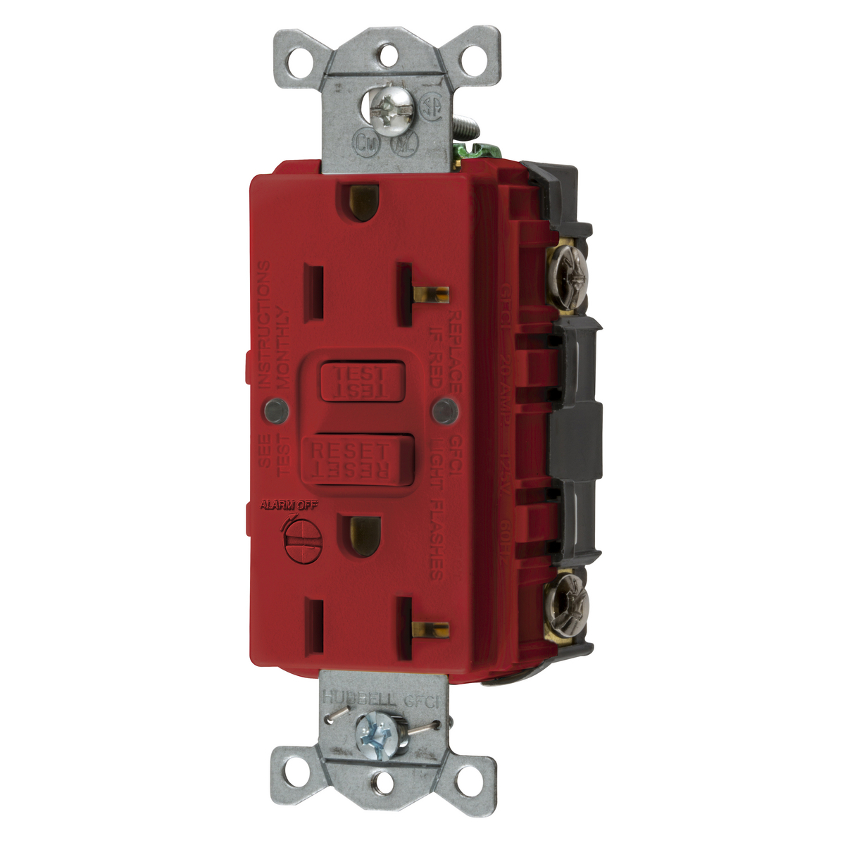 Power Protection Products, GFCIReceptacle, Self Test, Commercial Grade, 20A 125V, 2-Pole 3-Wire Grounding, 5-20R, With Alarm, Red