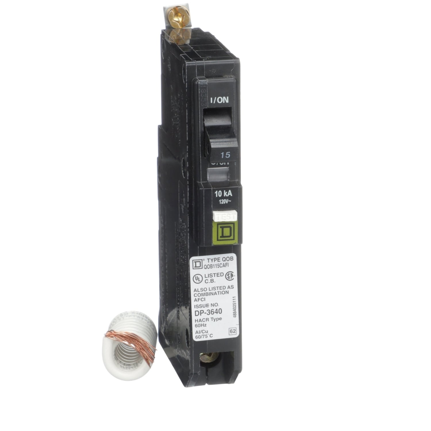 QOB115CAFI Miniature Circuit Breaker, 15 Amp, 1 Pole, 120/240V