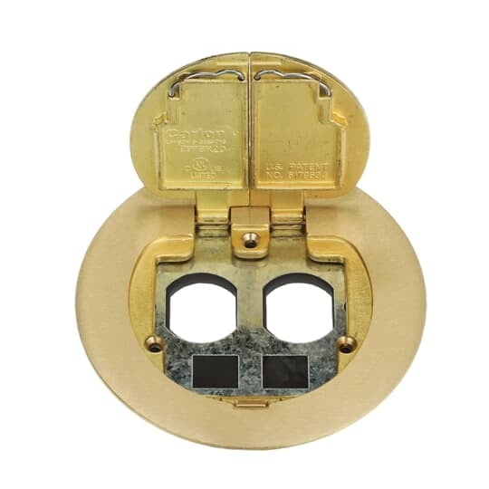 Two Door Cover for Dual Service Round Floor Box, Brass, For use with Duplex Devices and Two Data Ports, Divider Kit Included