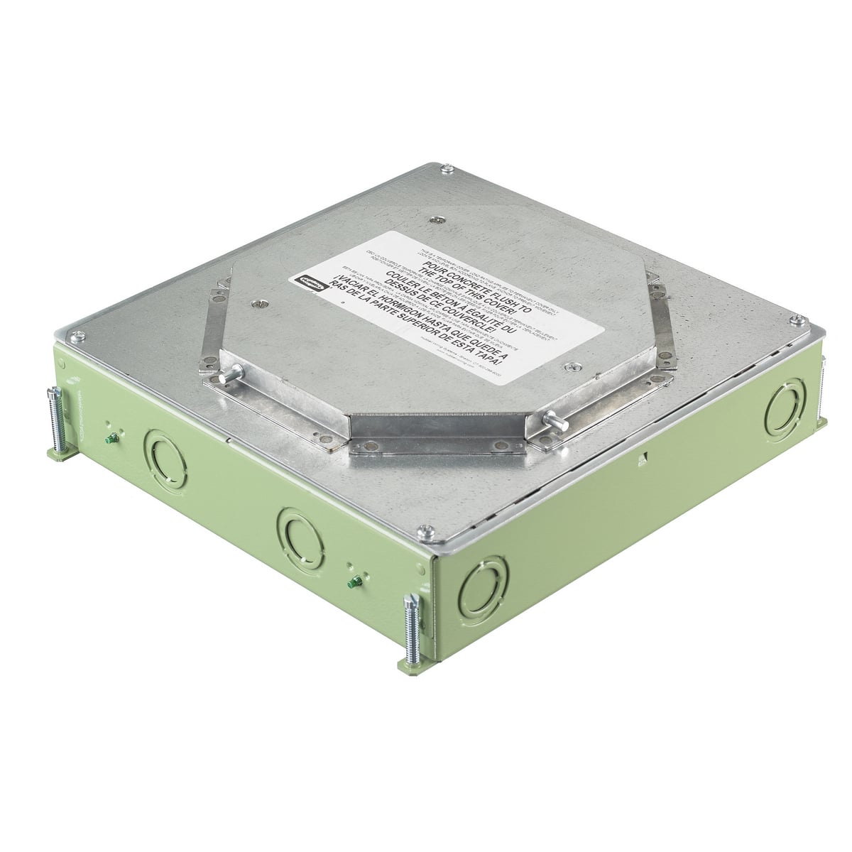Concrete Floorboxes, Galvanized Stamped Steel Box, Recessed, 4-Gang CFB Series Box for Round Covers, 3.25" Minimum Depth of Pour, Corrosion Resistant Paint