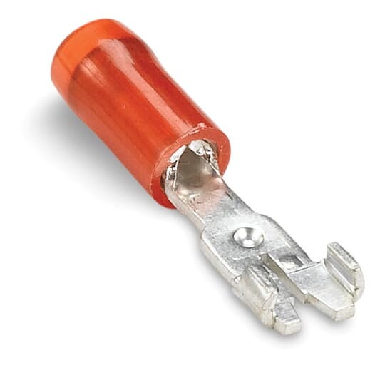 Nylon Insulated Wristlock Disconnect, Length 1.70 Inches, Single Piece Length .99 Inches, Maximum Insulation .136, Wire Range #22-#18 AWG, Color Red, Copper, Tin Plated