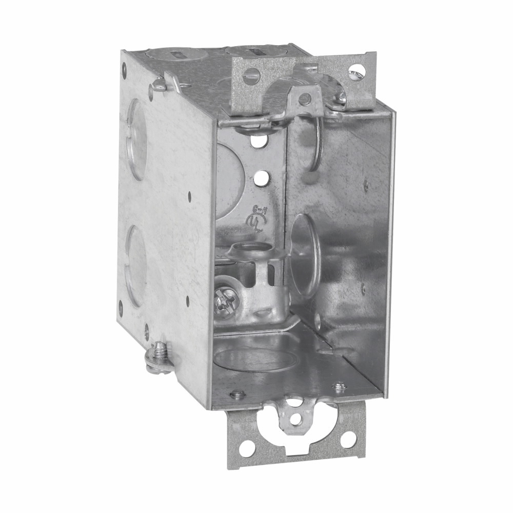 Eaton Crouse-Hinds series Switch Box, (1) 1/2", 2, AC/MC clamps, 3-1/2", (1) 1/2" , Steel, (2) 1/2", Ears, Gangable, 18.0 cubic inch capacity