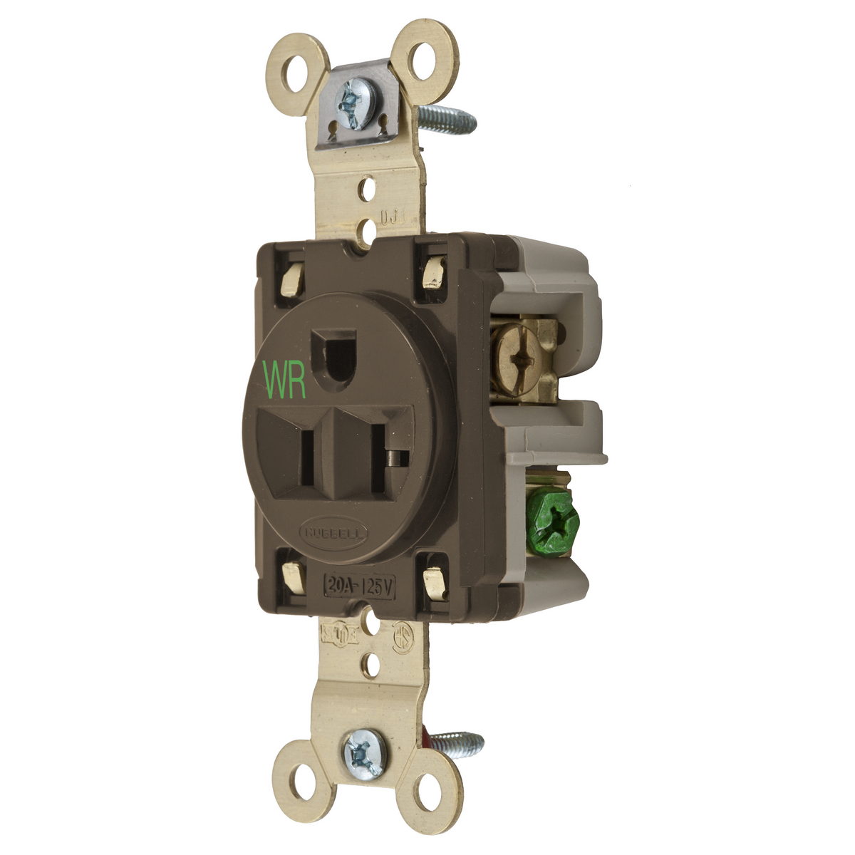 Straight Blade Devices, Receptacles, Weather-Resistant Single, Industrial Grade, 20A 125V, 2-Pole 3-Wire Grounding, 5-20R, Brown, Single Pack.