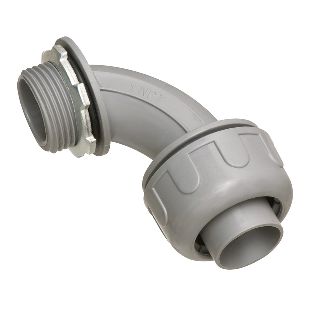 Non-metallic Liquid-tight 90 degree 3/8 inch connector for use with type B conduit. Produced from UV rated plastic for long outdoor life.