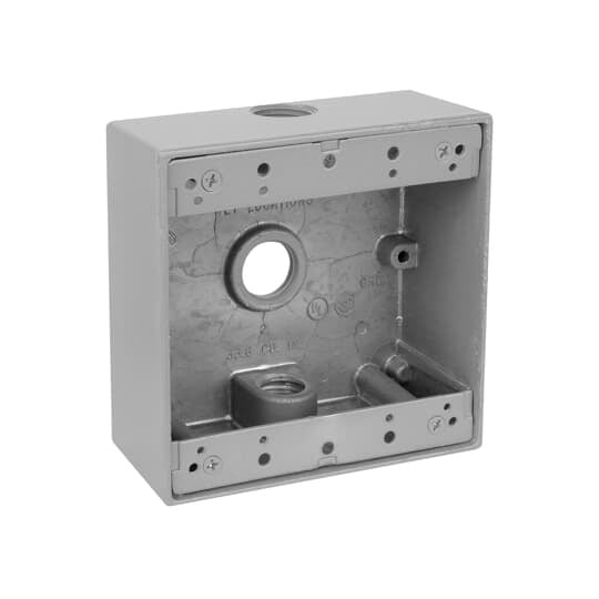Two Gang Universal Weatherproof Box, 31 Cubic Inches, Hub Size 1/2 Inch, Silver, Aluminum, 3 Outlets, Top, Bottom, and Back One Each