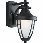 One-light small wall lantern in the Fairfield collection feature classic details, softly etched glass, cast aluminum frame and a textured black powder coated finish.