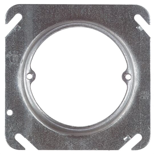Square Box Cover, 4.3 Cubic Inches, 4 Inch Square x 5/8 Inch Raised, Pre-Galvanized Steel, Center Blanked with Tapped Ears on 2-3/4 Inches Centers