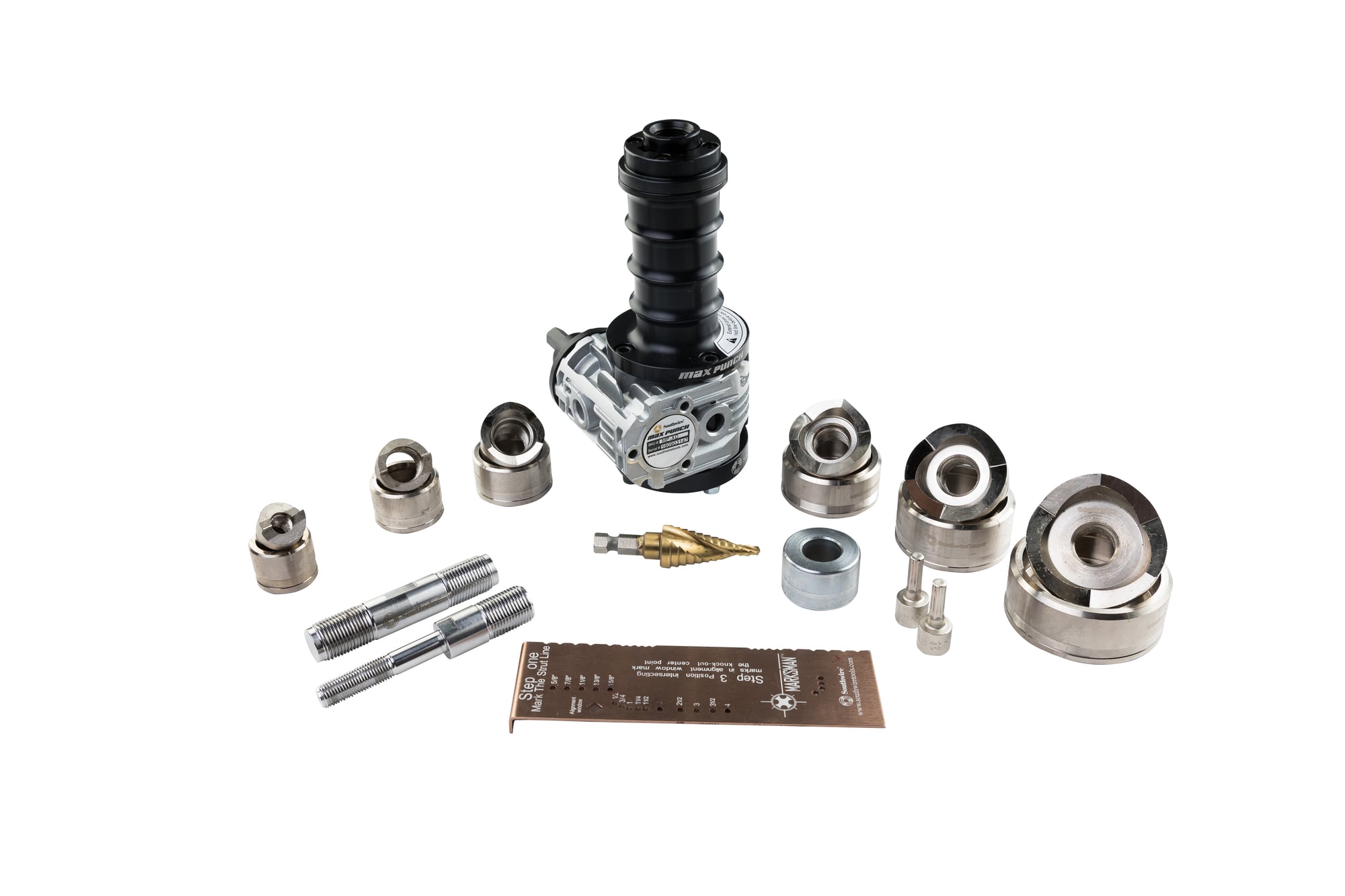 This is an advanced knockout tool used with a cordless drill to draw punch dies together for quick, accurate knockouts. Available in stainless steel.