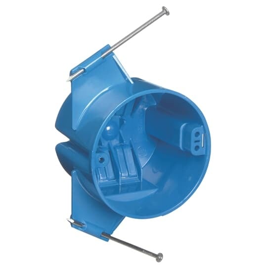 Ceiling Box, Volume 18 Cubic Inches, Diameter 3 Inches, Depth 2-3/4 Inches, Color Blue, Material Polycarbonate, Mounting Means Captive Nails