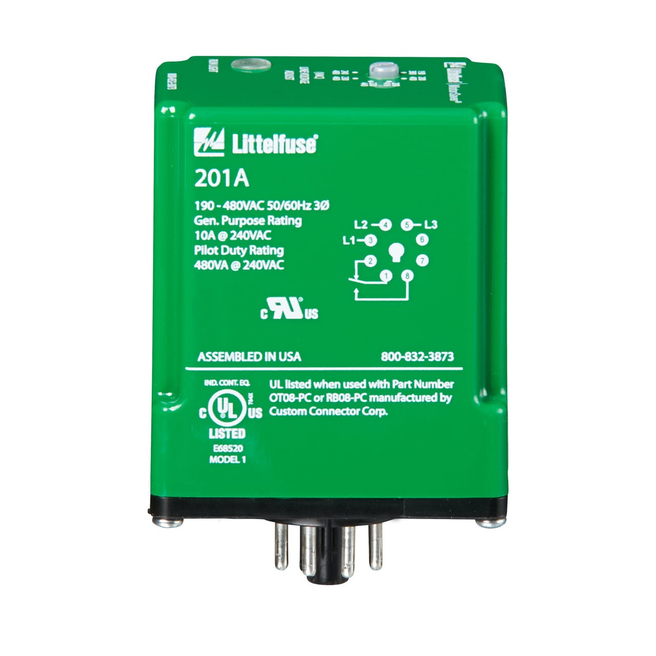 The 201A is a 3-phase, auto-ranging, dual-range voltage monitor that protects 190-480VAC, 50/60Hz motors regardless of size. The product provides a user selectable nominal voltage setpoint and the voltage monitor automatically selects between the 200V and 400V range. The 201A includes advanced single LED diagnostics, where color and different light patterns distinguish between faults and normal conditions.This unique microcontroller-based voltage and phase-sensing device constantly monitors the 3-phase voltages to detect harmful power line conditions. When a harmful condition is detected, the 201As output relay is deactivated after a specified trip delay. The output relay reactivates after power line conditions return to acceptable levels.