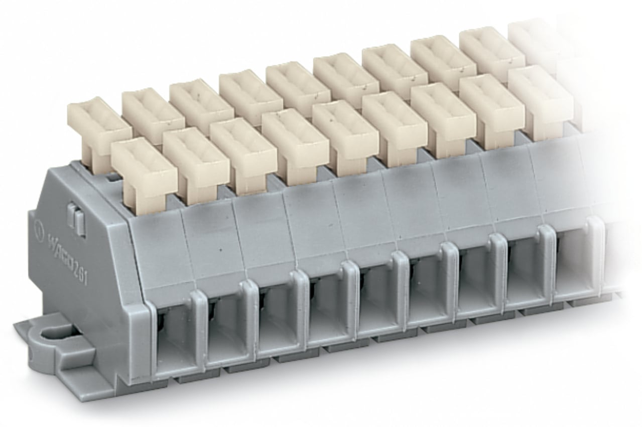 2-conductor terminal strip; on both sides with push-buttons; with fixing flanges; 12-pole; for screw or similar mounting types; Fixing hole 3.2 mm ; 2.5 mm; CAGE CLAMP; 2,50 mm; gray