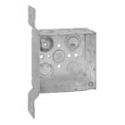 Square Box, 30.3 Cubic Inches, 4 Inch Square x 2-1/8 Inches Deep, 1/2 Inch and 3/4 Inch Eccentric Knockouts, Pre-Galvanized Steel, Welded Construction, with CV Bracket, For use with Conduit