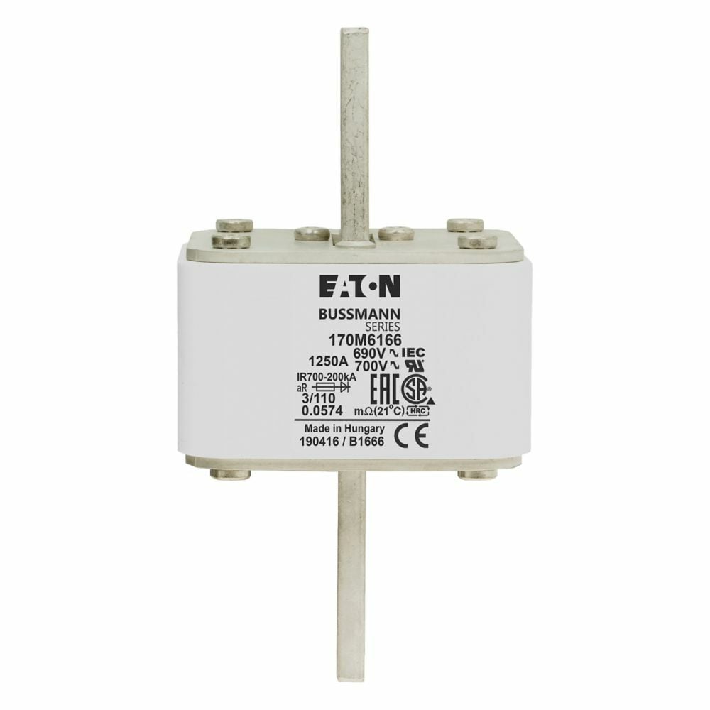 Eaton Bussmann series high speed square body fuse,1250A,200 kAIC,Class aR,Blade end X blade end,DIN 43 620,Standard,Clearing at 660V: 1950000,square body with centre-bolted tags (slotted),Top fuse status indicator,Current pre-arc: 290000,