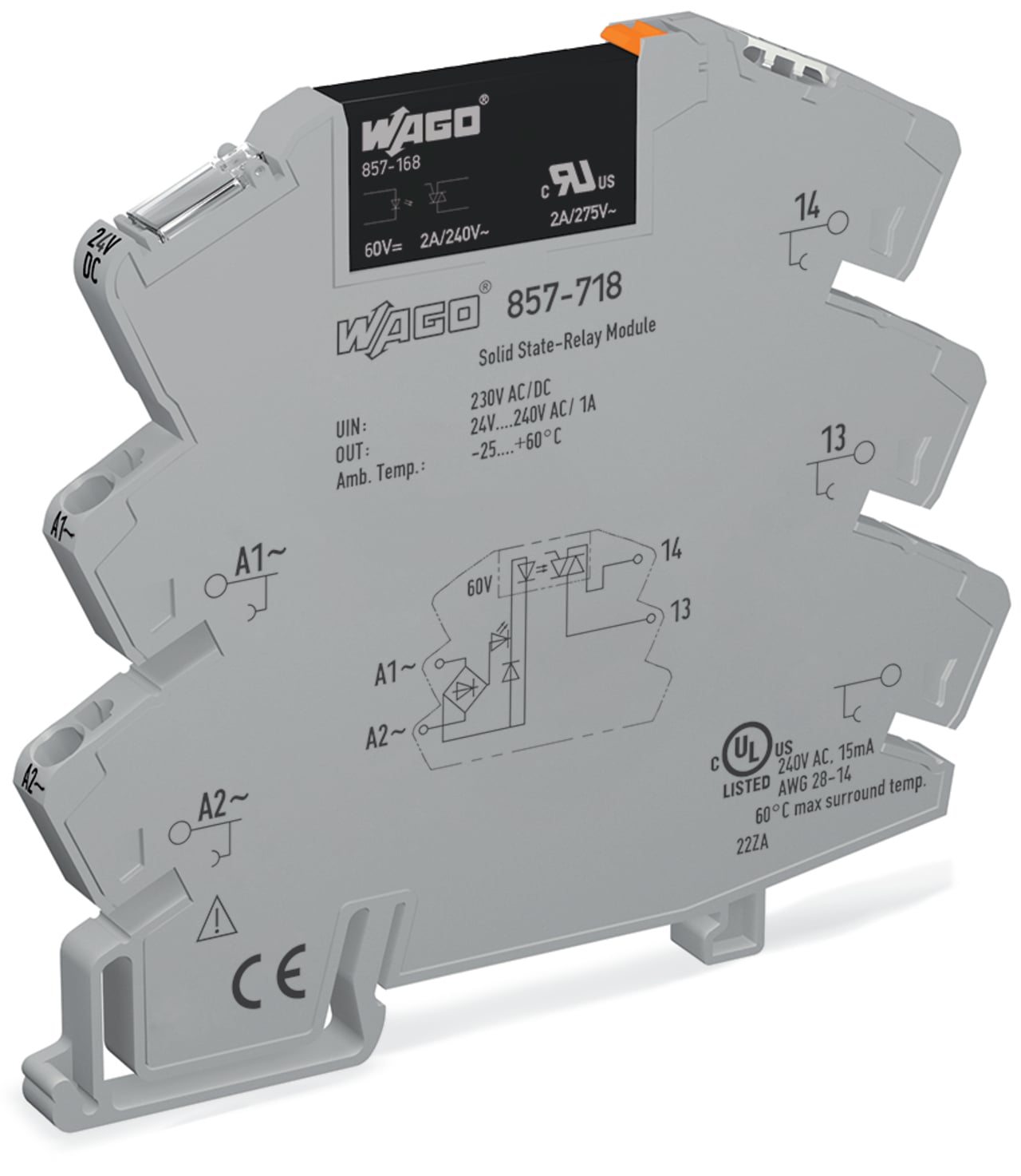 Solid-state relay module; Nominal input voltage: 230 V AC/DC; Output voltage range: 24  240 VAC; Limiting continuous current: 2 A; 2-wire connection; zero-cross switching; Yellow status indicator; Module width: 6 mm; gray