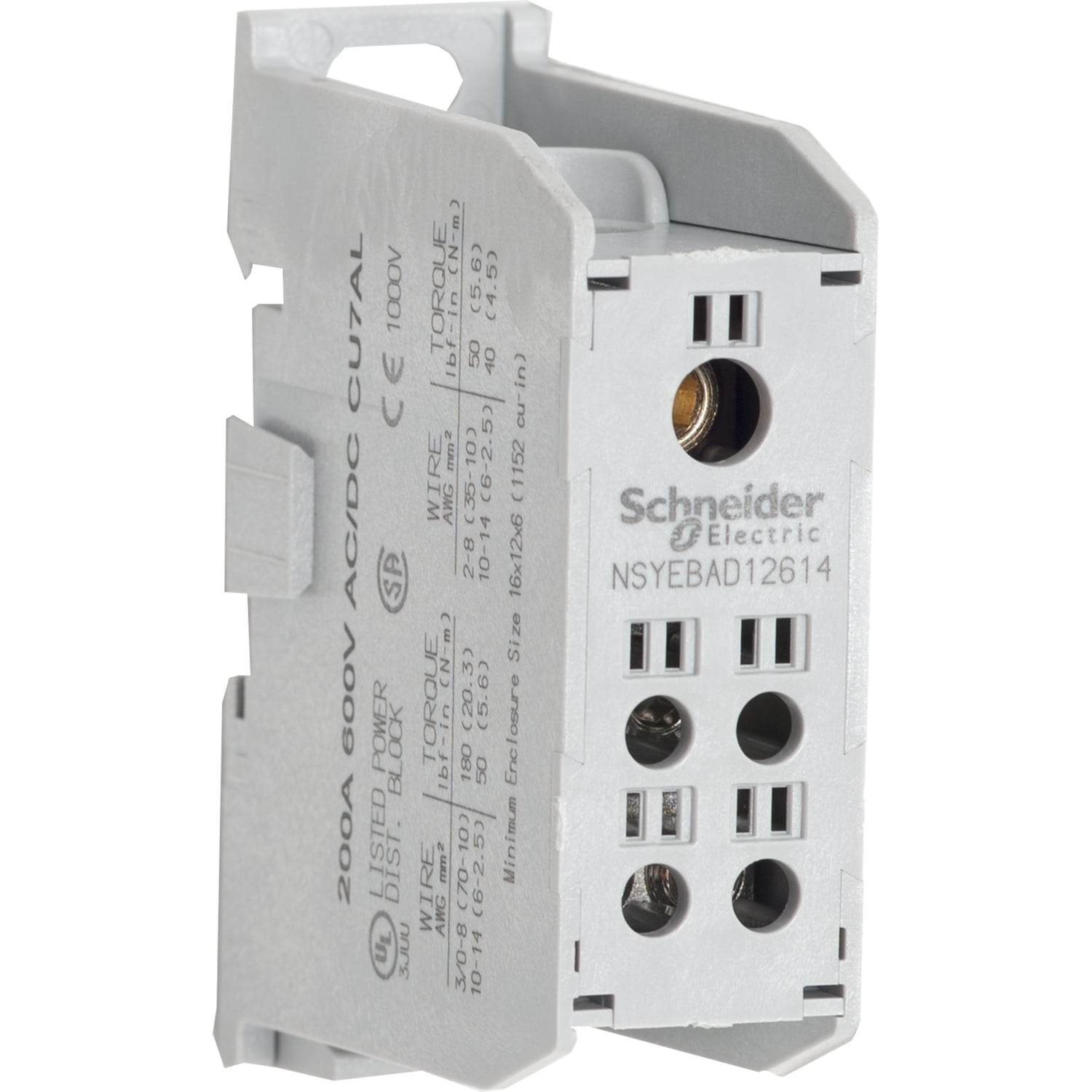 Power distribution block, Linergy, enclosed, 1 line, 4 load, 200A Cu, 600V, Cu lug, rail mount
