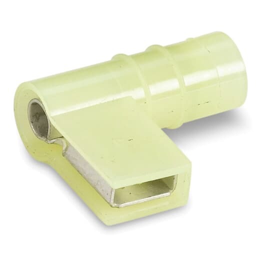 Nylon Insulated Open Top 90 Degree Flag Female Disconnect Terminal, Length .80 Inches, Width .88 Inches, Maximum Insulation .245, Tab Size .250x.032, Wire Range #12-#10 AWG, Color Yellow, Copper, Tin Plated, On Mylar Tape, 500 Pack
