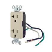 20 Amp, 125 Volt, NEMA 5-20R, 2P, 3W, Decora Plus Duplex Receptacle, Straight Blade, Commercial Grade, Self Grounding, with leads, Steel Strap, - Ivory