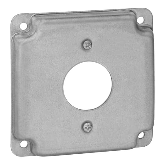 Square Box Surface Cover, 5 Cubic Inches, 4 Inch Square x 1/2 Inch Deep, 1-13/32 Inch Diameter Hole, Galvanized Steel, For use with One Single Flush Receptacle, pack of 10, for Retail