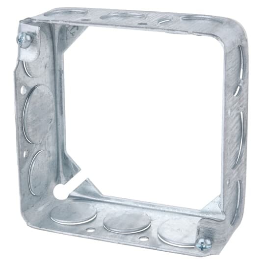 Square Box Extension Ring, 21 Cubic Inches, 4 Inch Square x 1-1/2 Inch Deep, 1/2 Inch and 3/4 Inch Knockouts, Pre-Galvanized Steel