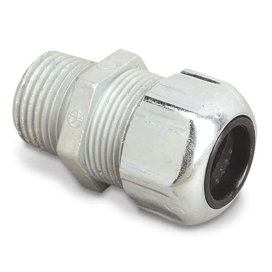 1/2 Inch Service Entrance Cable Connector, 1/2 Inch, Cable Opening 0.235 x 0.500 Inch, Body is Die Cast Zinc, Gland is Steel and Electro Zinc Plated, Retaining Ring is Stainless Steel, Bushing is Neoprene