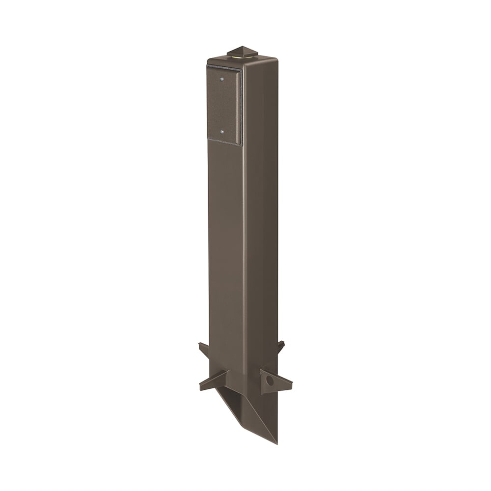 Gard-N-Post. 26" support for outdoor light fixtures or GFCI devices outdoors. Openings on both sides of post for back to back power or power on one side and low voltage on the other. Built in stabilizers for extra stability. Openings in stabilizers allow for insertion of extra support material. Angle Cut post for easy access to underground wiring. Two 1/2" Knockouts. Color Bronze. Color is permanent, no chipping.
