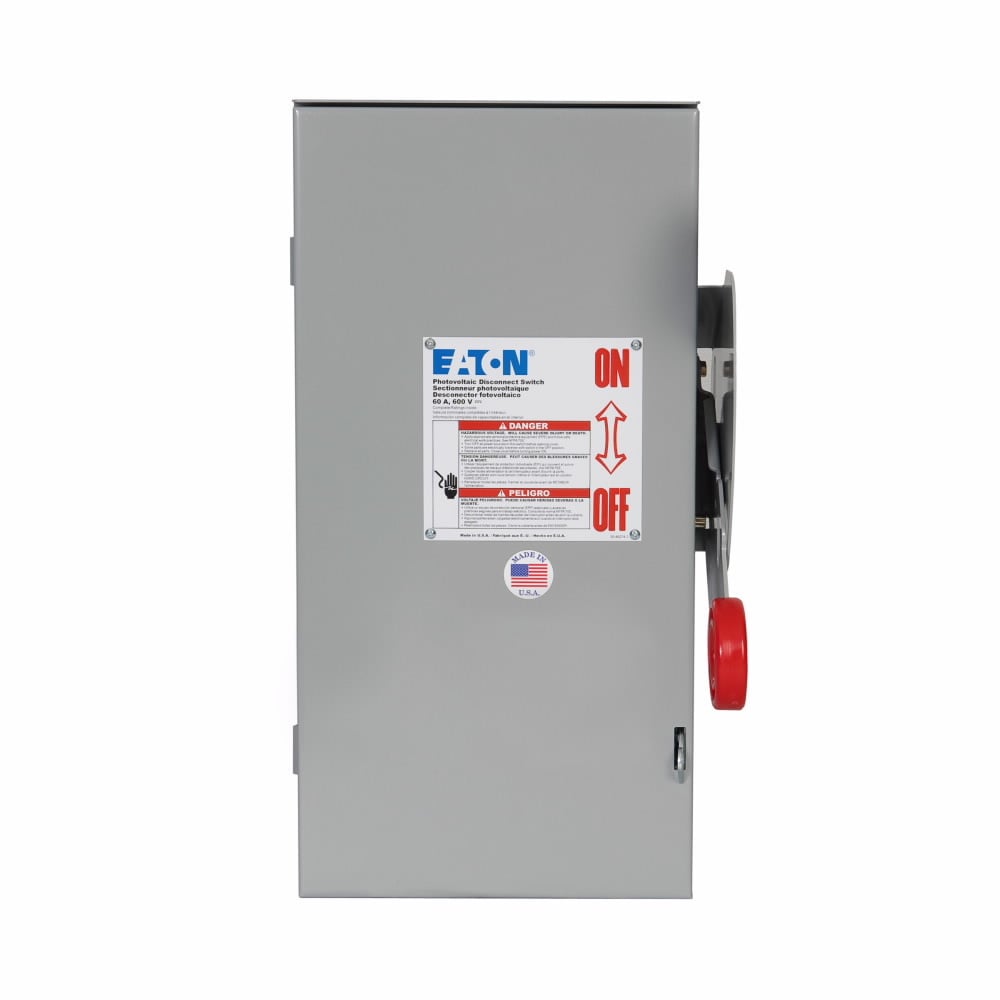 Eaton heavy-duty DC disconnect,For Grounded PV Systems,30A,Painted galvanized steel,Non-fusible,Grounded,In/Out(LC): #2-#14 AWG, In/Out(SR): 1/0-#14 AWG,600 Vdc,NEMA 3R,3,Isolated return,Three-pole,DC photovoltaic applications,Single-throw