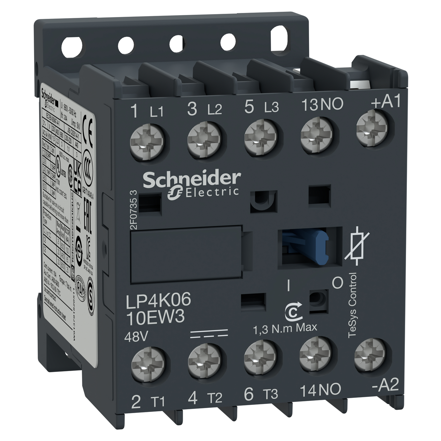 Contactor, TeSys K, 3P, AC-3, lt or eq to 440V, 6A, 1 NO aux, 48VDC coil