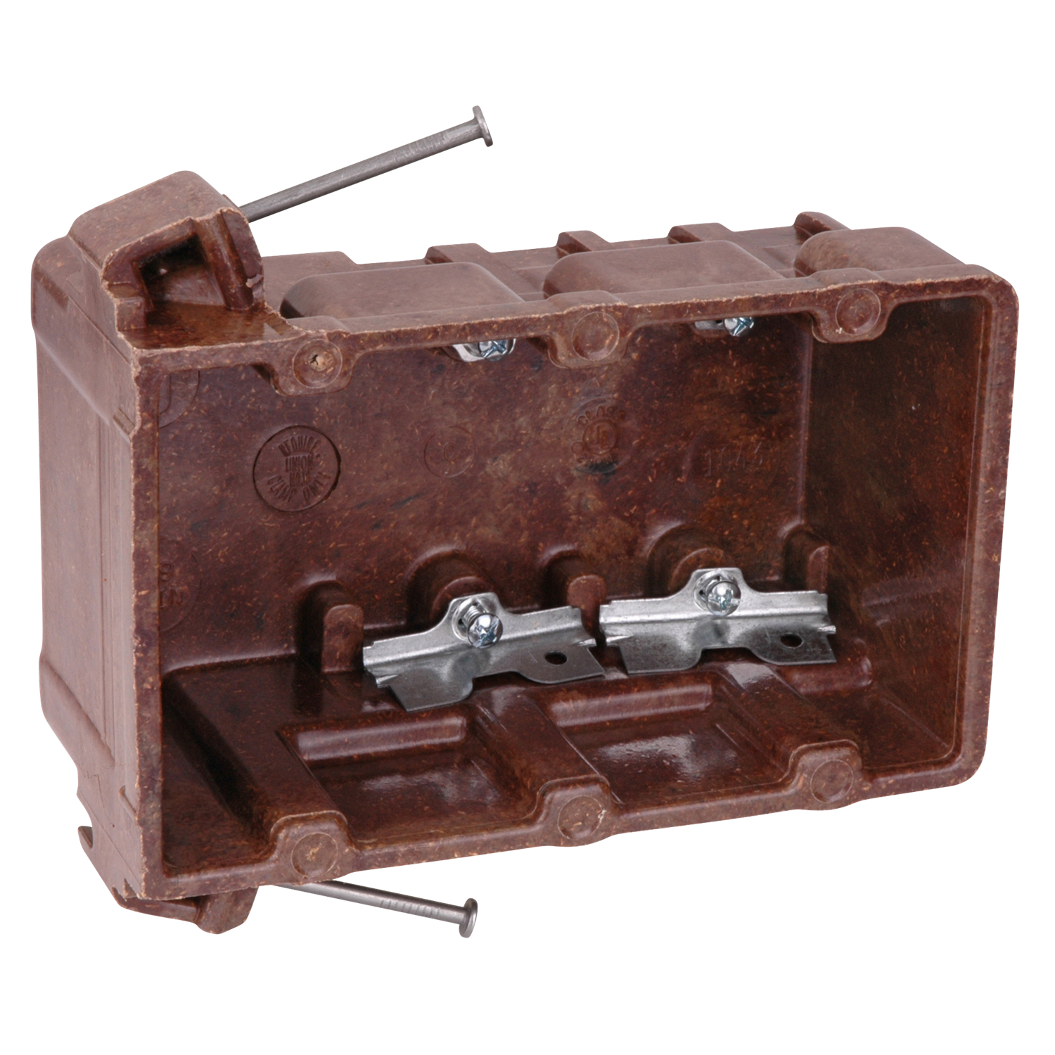 Three-Gang Nail-On Outlet Box, Volume 42.9 Cubic Inches, Length 3-5/8 Inches, Width 5-7/8 Inches, Depth 2-3/4 Inches, Color Brown, Material Phenolic, Mounting Means Compound Angled Nails, with High Clamps