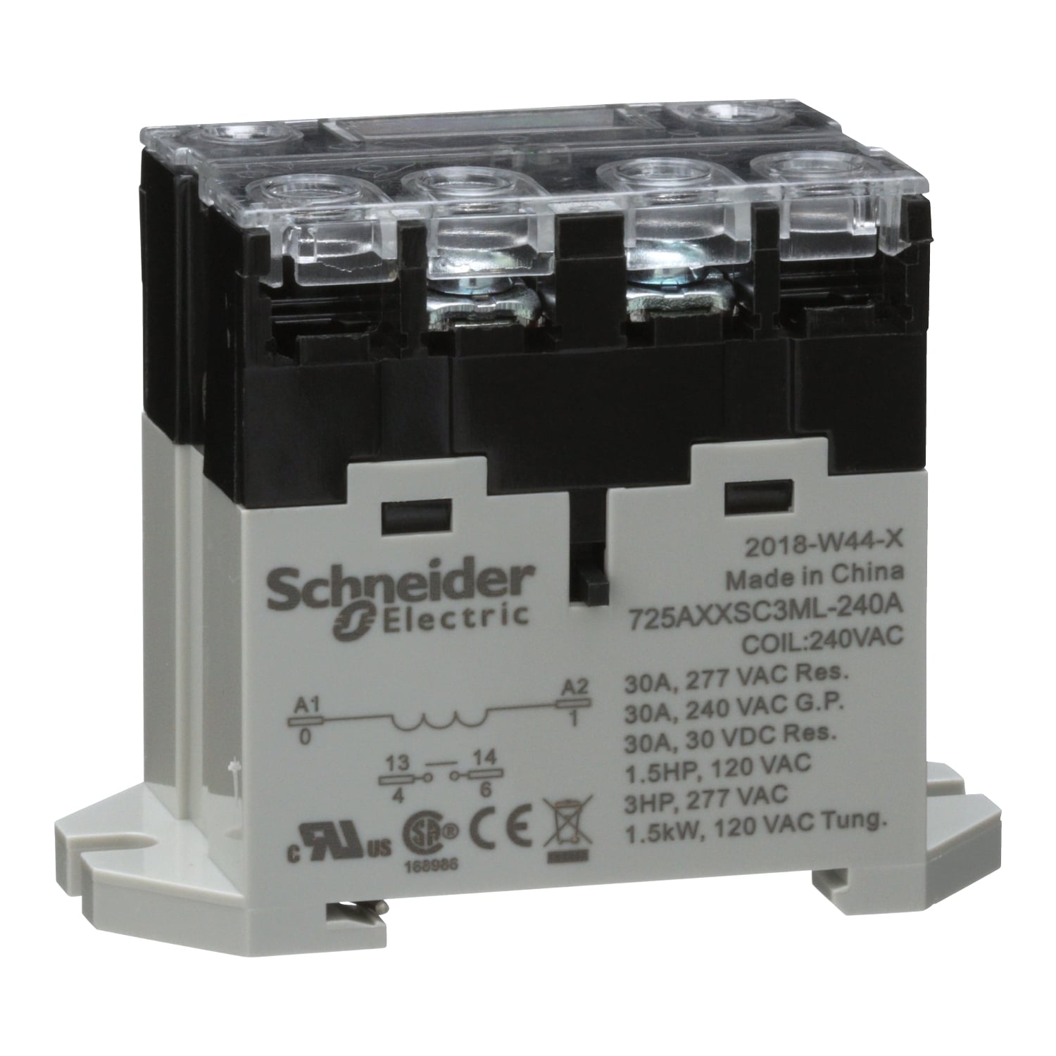 Power relay, SE Relays, 30A, 1NO, 240VAC, LED push button, screw terminals, DIN or panel mount