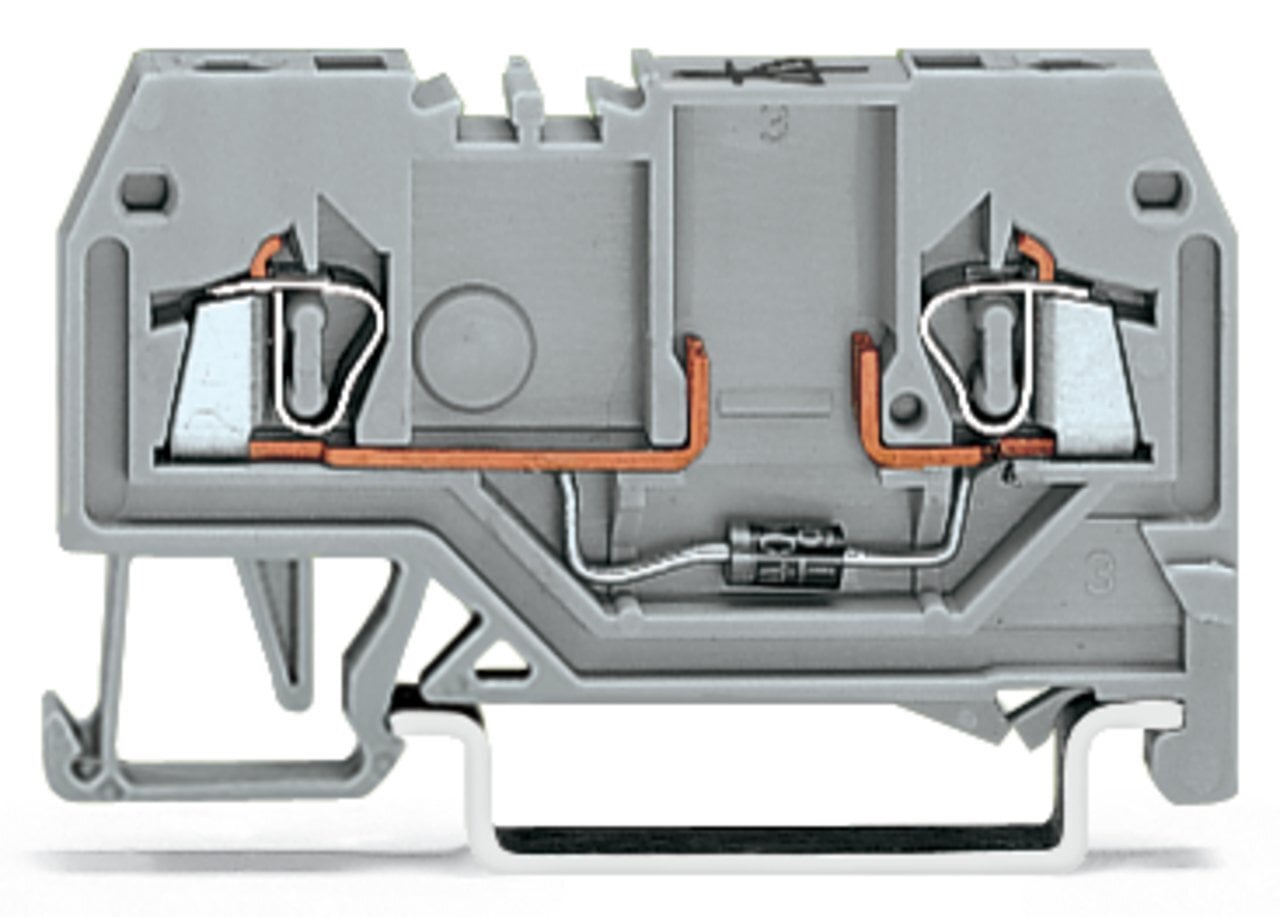 Component terminal block; 2-conductor; with diode 1N4007; anode, left side; for DIN-rail 35 x 15 and 35 x 7.5; 1.5 mm; CAGE CLAMP; 1,50 mm; gray