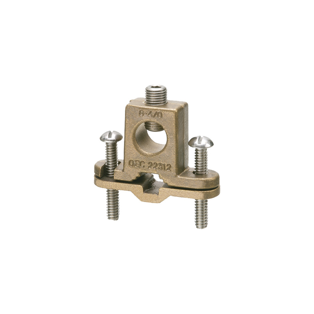 Solid Bronze with stainless steel screws, bare wire ground clamp with box style lug. pipe size - 3/8" to 1", Wire Size - #8 to 4/0. Approved for direct burial on rebar pipe, tubing and rod.
