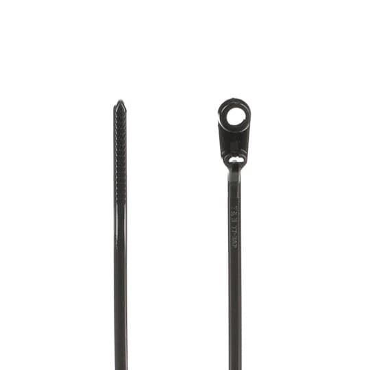 Integrated Mounting Hole Cable Tie, Black Polyamide (Nylon 6.6) for Temperatures up to 105 Degrees Celsius (221 F), Weather and Ultraviolet Resistant for Indoor and Outdoor Applications, Length of 91mm (3.6 Inches), Width of 2.5mm (0.1 Inches), Thickness of 1mm (0.04 Inches), Tensile Strength Rating of 80 Newtons (18 pounds), #4 Screw for Mounting, Bulk Pack
