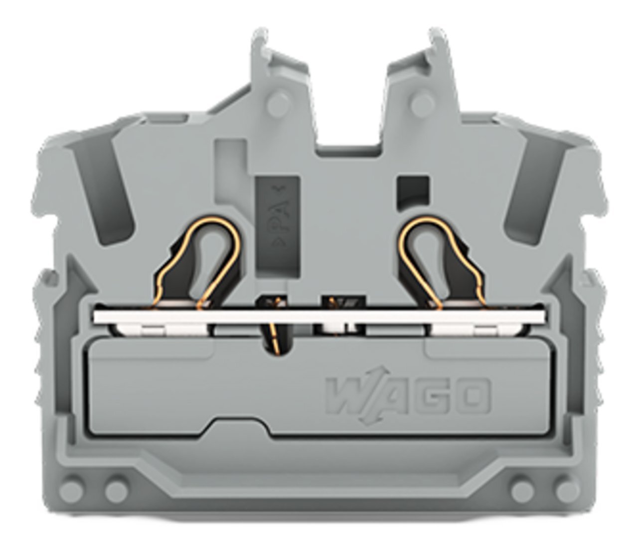 2-conductor miniature through terminal block; with operating slots; 2.5 mm; Center terminal block without snap-in mounting foot, without mounting flange; side and center marking; with test port; Push-in CAGE CLAMP; 2,50 mm; gray