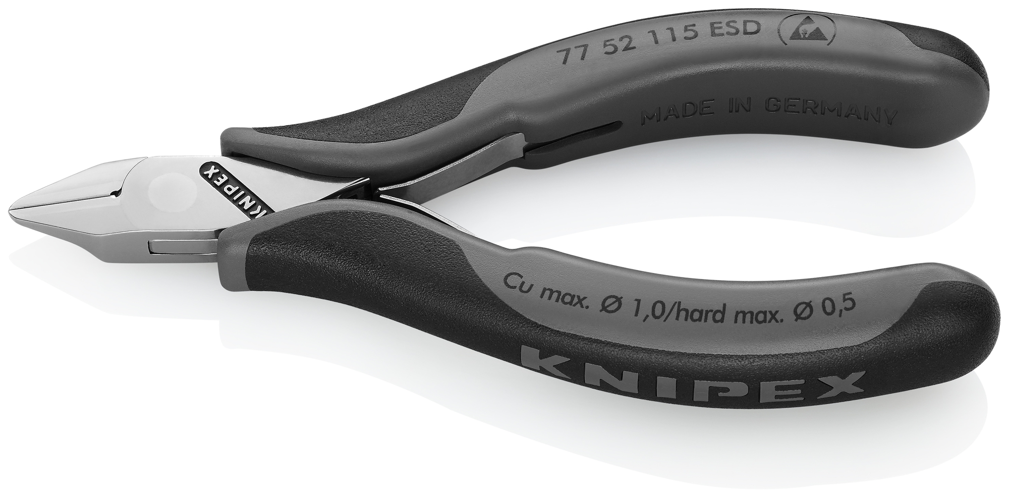 Electronics Diagonal Cutters-ESD Handles, 4 1/2 in., Multi-component, Polished, Semi-flush with Small Bevel Cut, Tapered Head, Up to 1/64 in. Hard Wire
