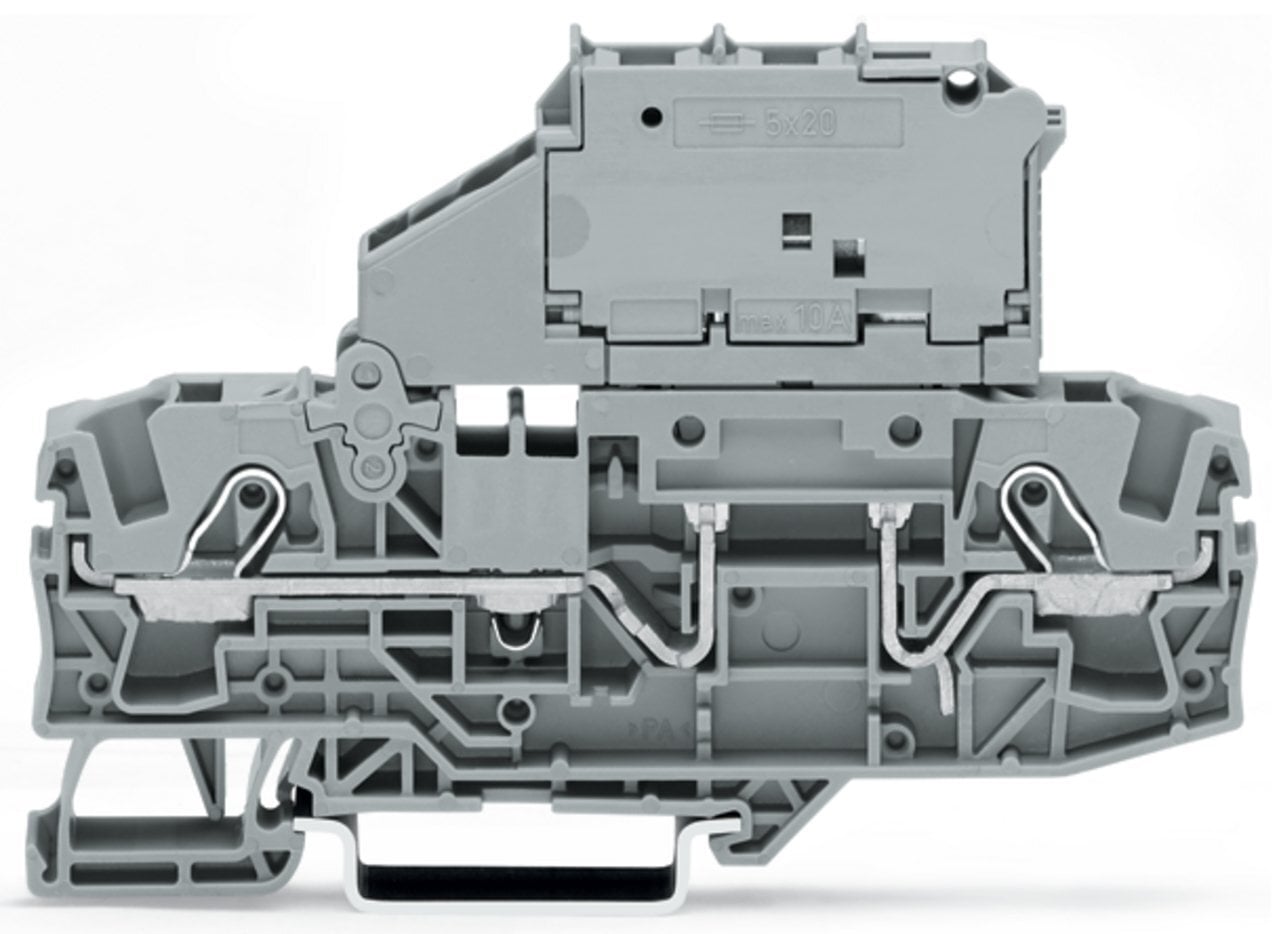2-conductor fuse terminal block; with pivoting fuse holder; for 5 x 20 mm miniature metric fuse; without blown fuse indication; for DIN-rail 35 x 15 and 35 x 7.5; 6 mm; Push-in CAGE CLAMP; 6,00 mm; gray