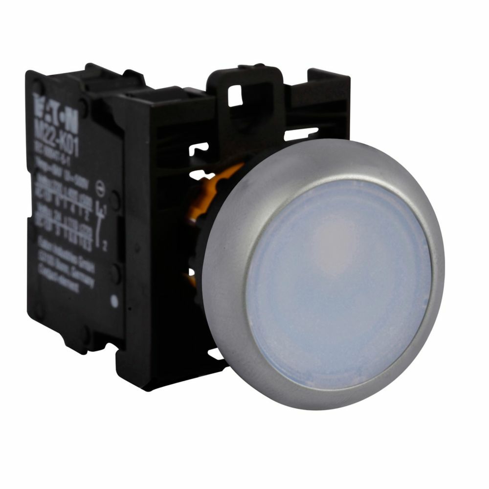 Eaton M22 modular pushbutton, Complete Device, 22.5 mm, Flush, Momentary, Illuminated, Bezel: Silver, Button: White, 1NO, IP67, IP69K, NEMA 4X, 13, 12-30 Vac/dc