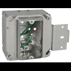 Pre-Fabricated, Single Gang Outlet Box, 21 Cubic Inches, 4 Inch Square x 1-1/2 Inch Deep, 3/4 Inch Knockouts, Galvanized Steel, 1/2 Inch Raised Box Cover, with Grounding #12 AWG Solid Ground Wire Pigtail and Box to Stud Bracket and Metal Stud Bracket, For Use with Conduit