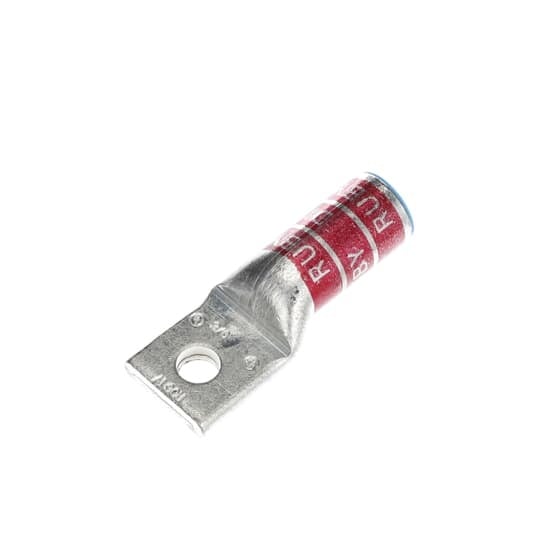 Aluminum One-Hole Lug, Long Barrel, Blind End, Max 35kV, 3/0 AWG Wire, 3/8 Inch Bolt Size, Tin Plated, Die Code 60, Die Color Code Ruby
