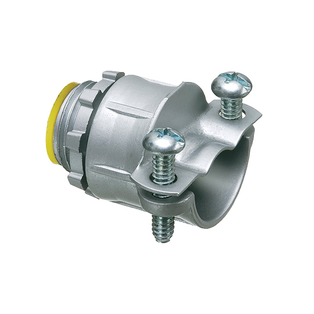 Twin Screw zinc die-cast all-purpose 1/2" knockout connector for Flex, AC, MCI, and NM cable. Secures into knockout with a locknut. Has a cable range of 0.630 to 0.810 inches and an end stop of 0.615 inches. With insulated throat.