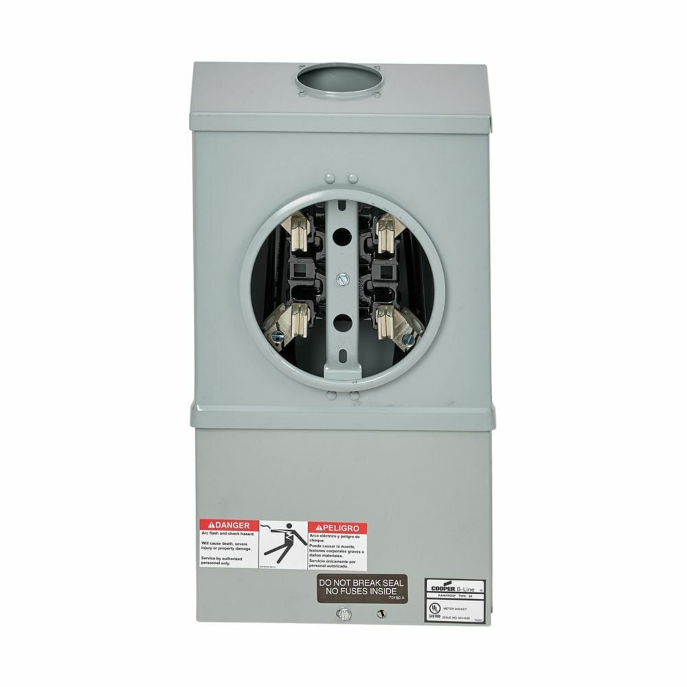 U121315 Single Meter Socket, AW Hub Top Provision, 100 Amp, Both, 5 Jaw, Ringed, 3 Steel, ANSI 61 Paint, Side, 1 Pole, 3 Wire, #14-2/0 Line Lug Size, #14-2/0 Load Lug Size, Manual Circuit Closing