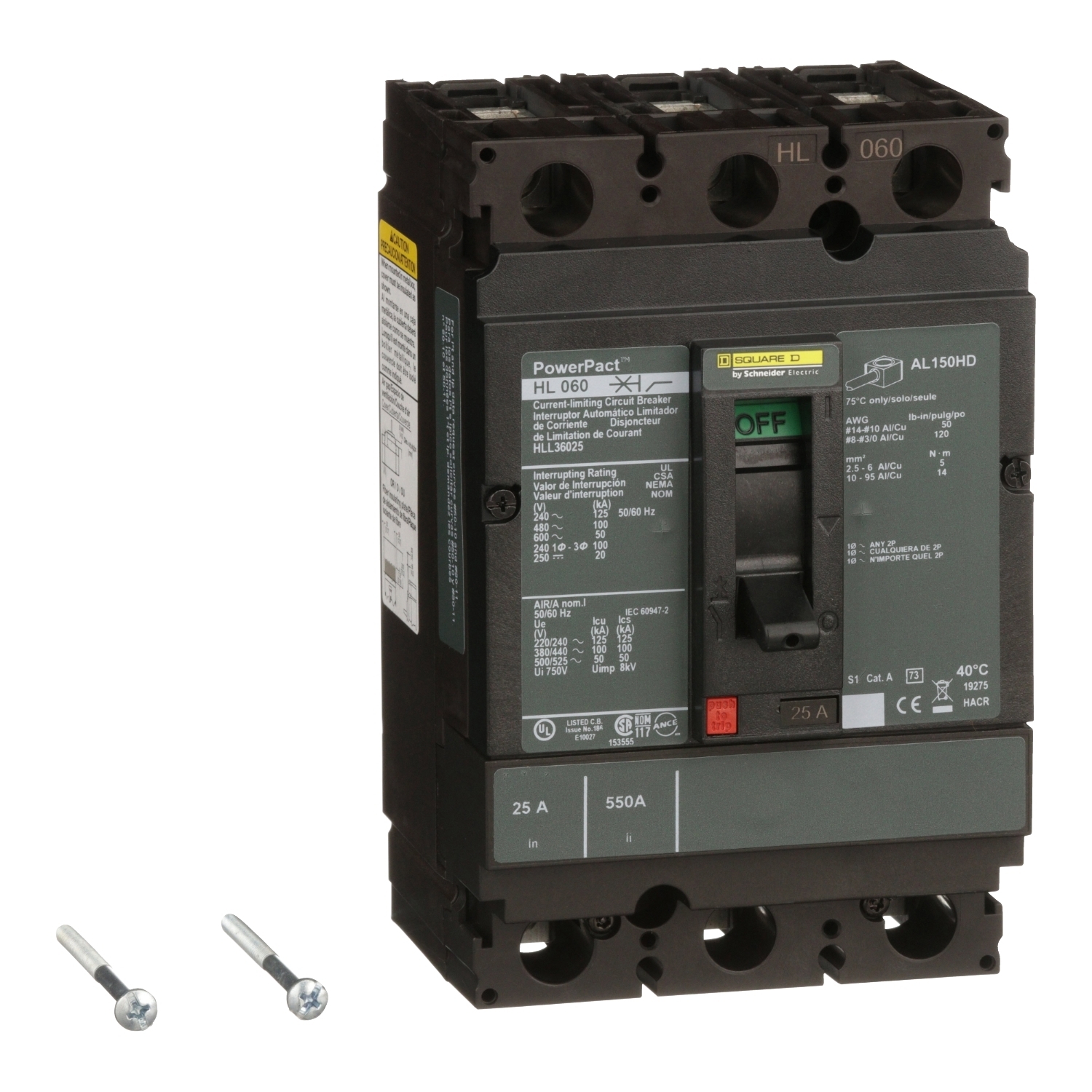 Circuit breaker, PowerPacT H, 25A, 3 pole, 600VAC, 50kA, lugs, thermal magnetic, 80%